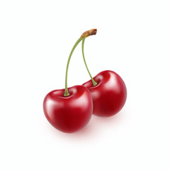 Cherry isolated on white background. Sweet 3d red berry icon. Vector realistic food element..