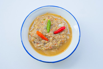 Pickled fish and chili dip with boiled vegetables.