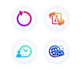 Technical algorithm, Time management and Loop icons simple set. Button with halftone dots. World mail sign. Project doc, Work time, Refresh. Chat. Technology set. Vector