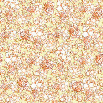 White peonies drawn by a brown contour on a light background. Blurred water marker lines.  Seamless pattern for wallpaper or for a light fabric.