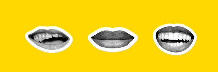 Collage in magazine style on bright yellow background. Female lips, smiling, screaming on black and white colored with contour. Modern design, creative, style and emotions concept. Flyer for ad.