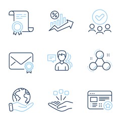 Verified mail, Loan percent and People line icons set. Diploma certificate, save planet, group of people. Chemistry molecule, Consolidation and Favorite signs. Vector