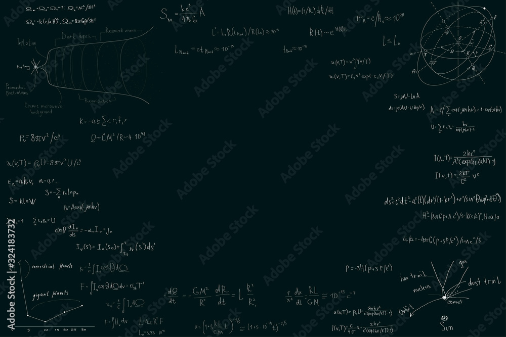 Wall mural astronomy and astrophysics, formulas for physics mathematics and astronomy on a dark green chalk boa