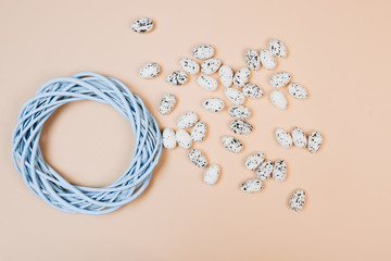 Composition of Easter eggs. Easter holiday concept. Blue wreath