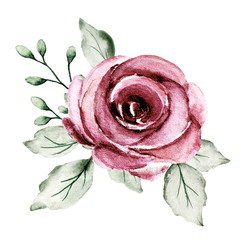 Watercolor pink flower, rose floral clip art. Bouquet perfectly for printing design on invitations, cards, wall art and other. Isolated on white background. Hand drawing. 