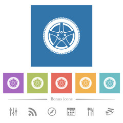 Car wheel flat white icons in square backgrounds