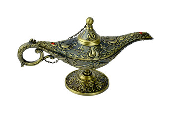Aladdin’s magical genie lamp,a antique lamp displayed over a white background