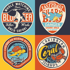 Naklejka premium Cute marine life graphic labels vector collection for children wear