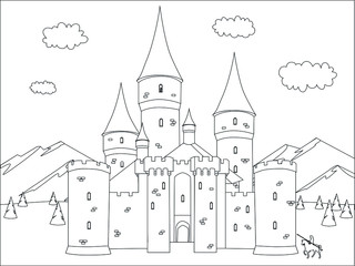 Fantasy castle. Black and white vector illustration for coloring book