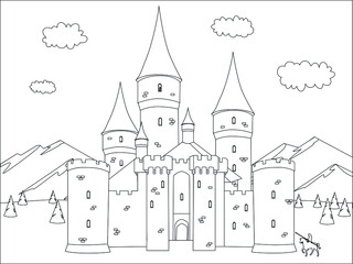 Fototapeta premium Fantasy castle. Black and white vector illustration for coloring book