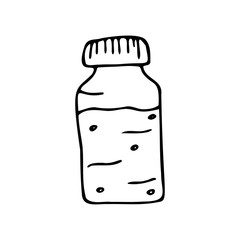 Hand drawn medicine bottle isolated on a white background. Medical elements, icons. Doodle, simple outline illustration. It can be used for decoration of textile, paper and other surfaces.