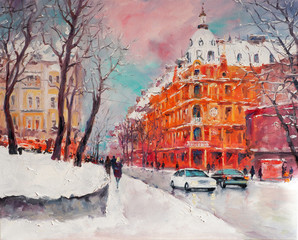 Original oil painting on canvas - Cityscape Volodymyrska Street in Kyiv - Ukraine Winter