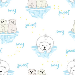 cute white furry polar bears seamless pattern on white background with stars, cartoon wild animals, editable vector illustration for decoration, fabric, textile, paper, banner, print
