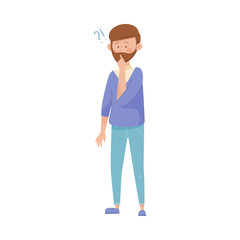 Young Dark-haired Man Standing with Thoughtful Expression on His Face and Question Mark Vector Illustration