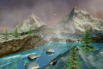 River between the mountains, an alpine landscape, snow on the ground coniferous trees and birds in the sky.