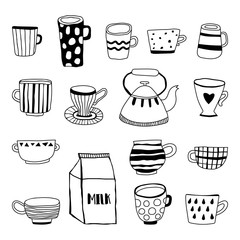 Tea cups, coffee mugs, teapot and milk. Black and white illustration for coloring book and page.