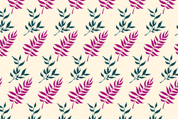 Floral beige background with blue and lilac leaves. Leaves pattern