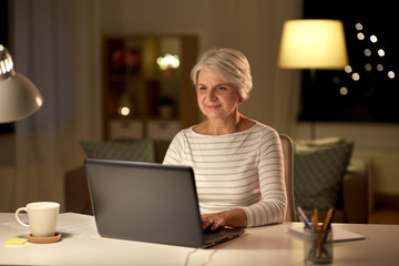technology, old age and people concept - happy senior woman with laptop at home in evening