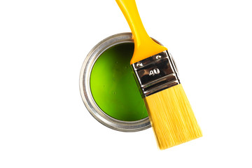  Can with green paint and brush isolated on white background top view