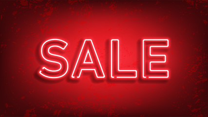 Sale glowing neon sign. Light vector on red background for your advertise, discounts and business.