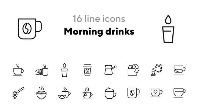 Morning drinks line icon set. Tea, pot, cup, espresso. Hot drink concept. Can be used for topics like coffee shop, menu, breakfast