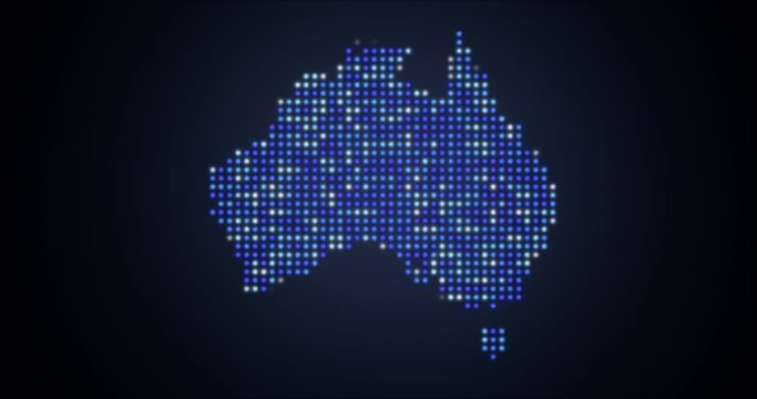 Animation of flicker led map of Australia in blue tones.