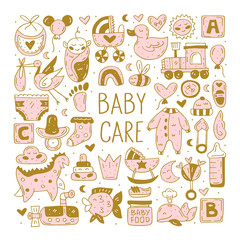 Baby care cute hand drawn doodle vector clip art, stickers, icons, set of design elements. Golden and pink design. Isolated on white background. Easy to change color. Decorative elements. Nursery. 