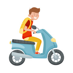 Young Man with Backpack Riding on Scooter Vector Illustration