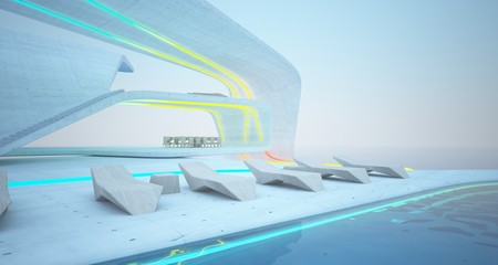 Abstract architectural concrete interior of a minimalist house with colored neon lighting. 3D illustration and rendering.