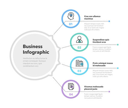 Simple concept for business diagram with four steps and place for your description. Flat infographic design template for website or presentation.