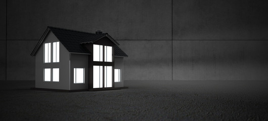 Residential house with glowing windows in the dark. 3d illustration.