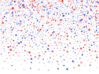 Flying red blue white star sparkles on white vector american patriotic background.