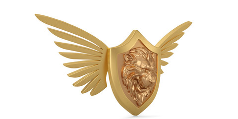 Golden wings and shield isolated on white background