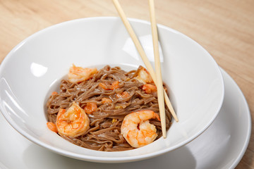 Stir fry noodles soba with shrimps