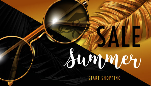 Modern Sunglasses With Reflection Of Palm Trees. Luxury Banner, Poster, Fresh, Modern, Advertising. Black, Gold Vector Design