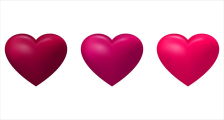 Set of realistic hearts shades of crimson, pink color for Valentine's day design on a white isolated background
