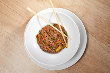Stir fry noodles soba with beef