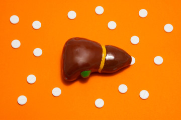 Anatomical realistic figure or model of human or animal liver on orange background, surrounded by white tablets or pills, which are arranged in polka-dot ornament. Photos for use in medicine