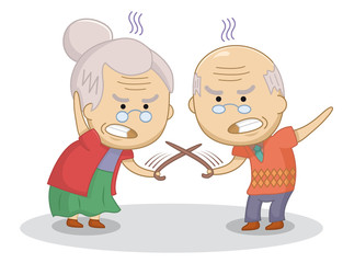 Funny cartoon elderly couple duel with canes. An elderly married couple quarrel.Bad relationship concept. Design for print, t-shirt, party decoration, sticker, etc.