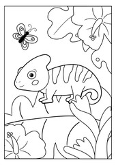 Coloring page for kids. Jungle animals. Cartoon chameleon with butterfly and exotic flowers. Educational game.
