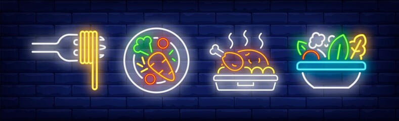 Restaurant food neon sign set. Pasta, vegetable, turkey, salad. Vector illustration in neon style, bright banner for topics like cuisine, dinner, meals, menu © RedlineVector