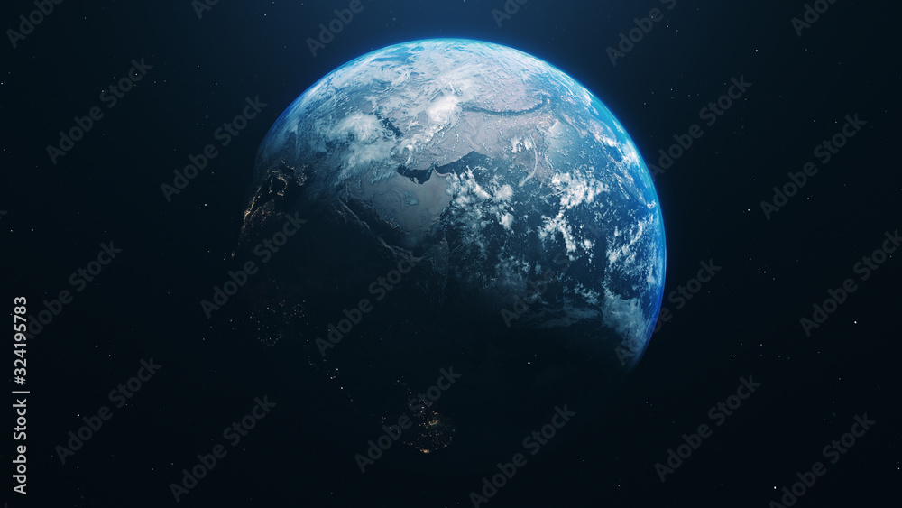 Wall mural 3d rendering blue realistic glow earth in open space