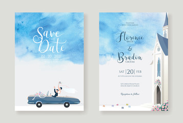 Set of wedding cards, Invitation, save the date template. Newlywed couple is driving a convertible, after Church ceremony image with blue watercolour background. Vector.