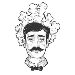 Man with a steaming head sketch engraving vector illustration. Solve task brainstorm metaphor. T-shirt apparel print design. Scratch board imitation. Black and white hand drawn image.