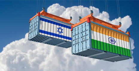 Freight container with India and Israel flag. 3D Rendering