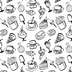 Fast food vector seamless pattern on white background.