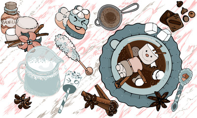 Hot cocoa drink with cream and chocolate. Hand drawn style. Winter drink hot chocolate cocoa