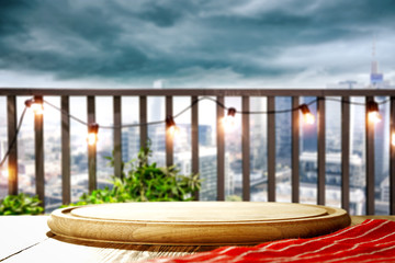 Desk of free space and blurred spring landscape 