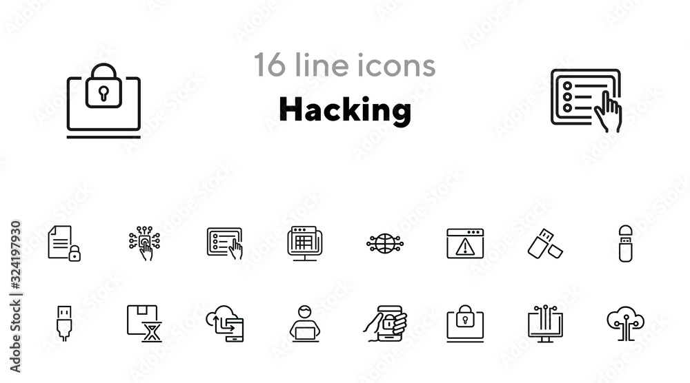 Poster hacking line icon set. programmer, computer, memory stick. information technology concept. can be us