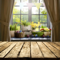 desk of free space and blurred spring window 